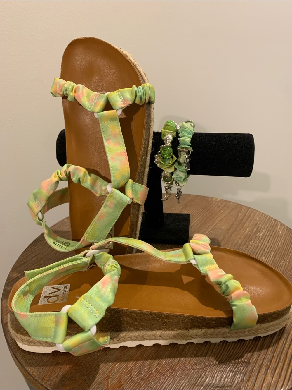 Dolce Vita Pastel Green & Peach Tie-Dye Platform Sandals with bracelets